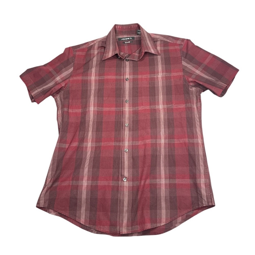 AXIST Mens Slim Fit Button Up Shirt Medium Maroon Plaid Short Sleeve Pocket